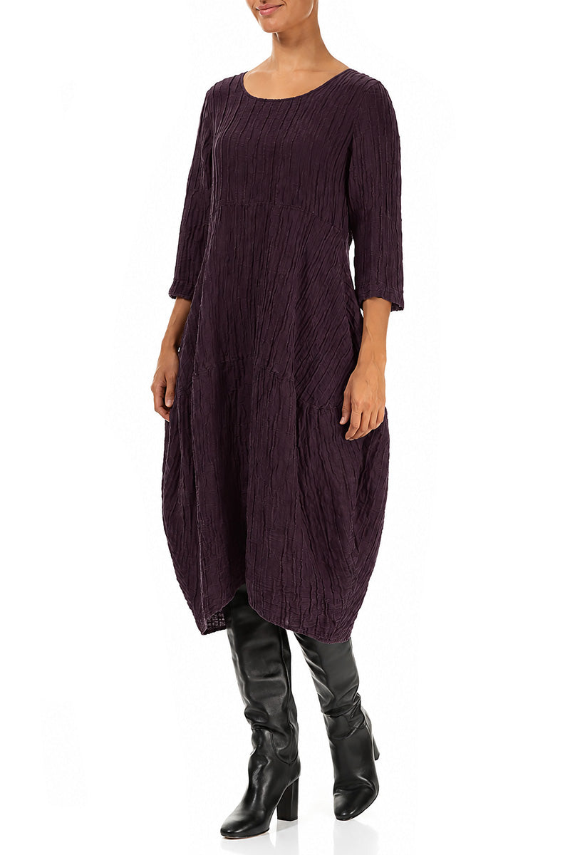 Balloon Crinkled Deep Plum Silk Linen Dress