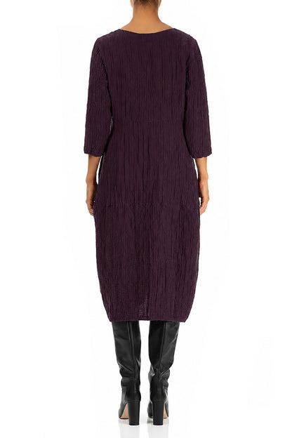 Balloon Crinkled Deep Plum Silk Linen Dress