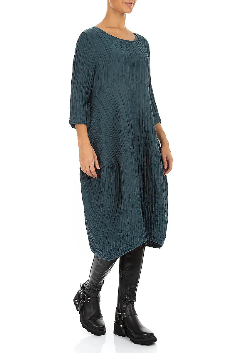Balloon Crinkled Deep Turquoise Silk Linen Dress 3