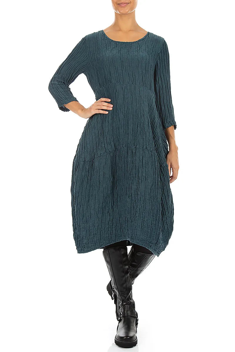 Balloon Crinkled Deep Turquoise Silk Linen Dress
