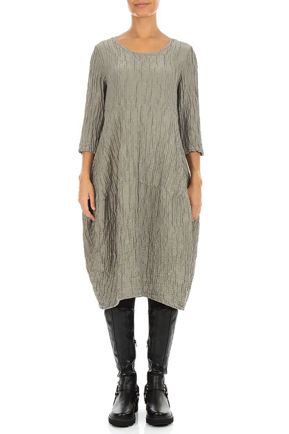 Balloon Crinkled Olive Grey Silk Linen Dress