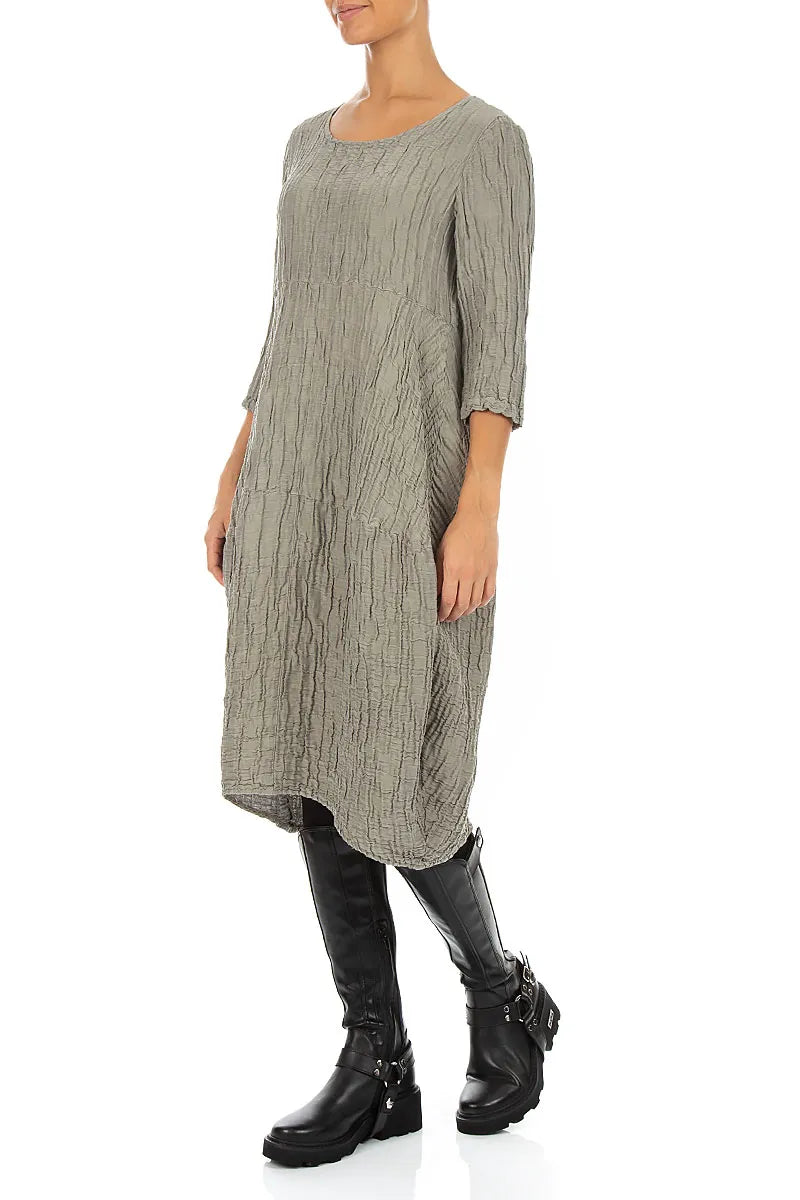 Balloon Crinkled Olive Grey Silk Linen Dress