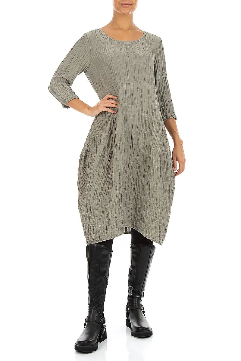 Balloon Crinkled Olive Grey Silk Linen Dress