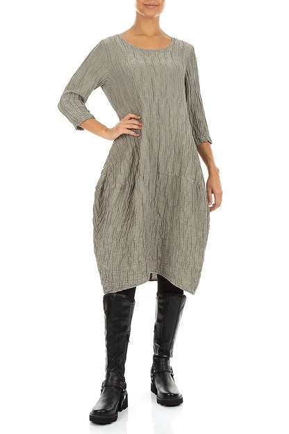 Balloon Crinkled Olive Grey Silk Linen Dress