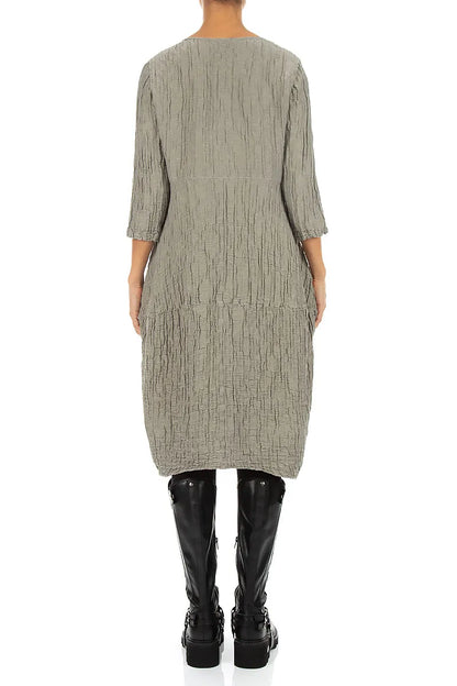 Balloon Crinkled Olive Grey Silk Linen Dress