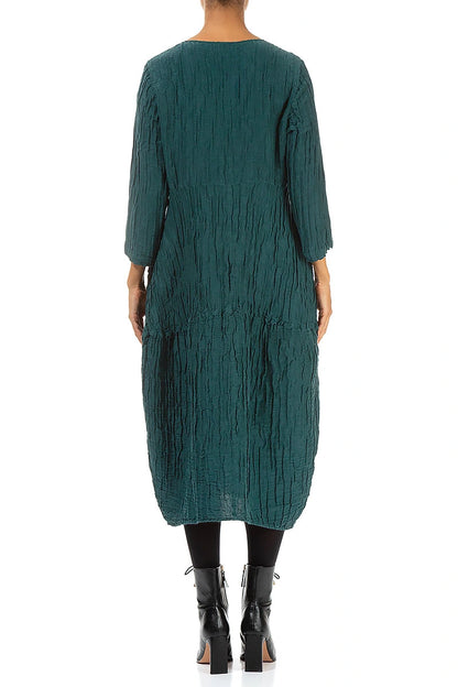 Balloon Crinkled Peacock Silk Linen Dress 2