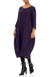 Balloon Crinkled Royal Purple Silk Linen Dress 3