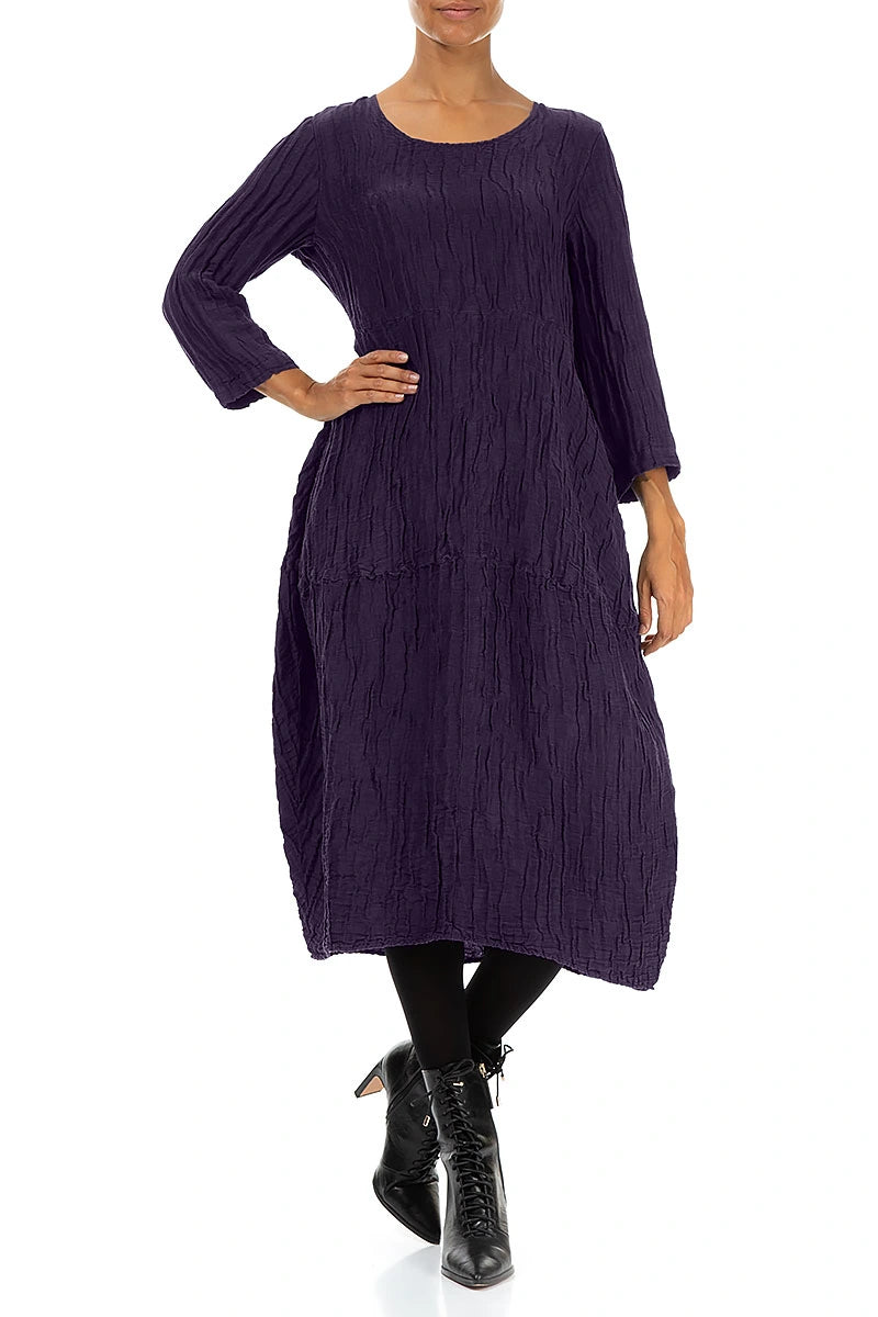 Balloon Crinkled Royal Purple Silk Linen Dress 4