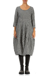 Balloon Cropped Sleeves Black & White Check Linen Dress 1