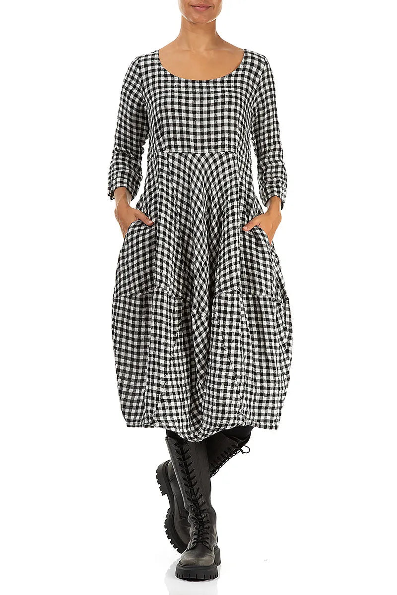Balloon Cropped Sleeves Black &amp; White Check Linen Dress 4
