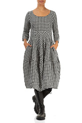 Balloon Cropped Sleeves Black & White Check Linen Dress 4