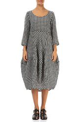 Balloon Cropped Sleeves Black & White Check Linen Dress 1