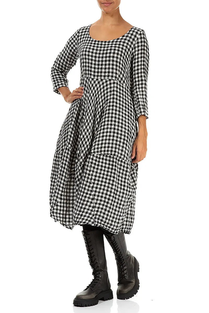 Balloon Cropped Sleeves Black &amp; White Check Linen Dress 3