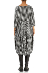 Balloon Cropped Sleeves Black & White Check Linen Dress 2