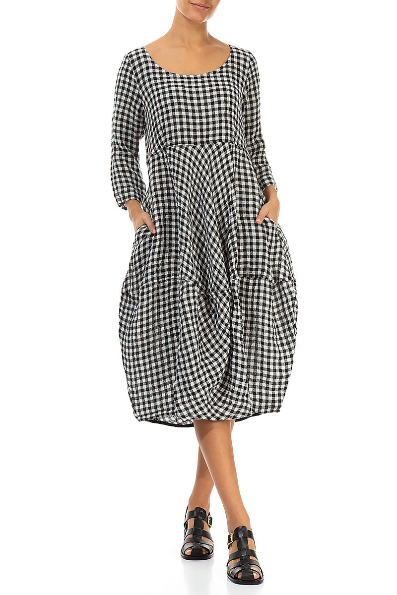Balloon Cropped Sleeves Black &amp; White Check Linen Dress 4