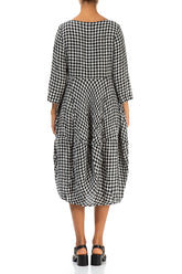 Balloon Cropped Sleeves Black & White Check Linen Dress 2