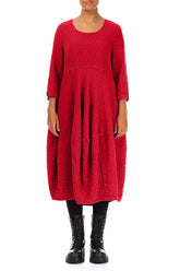 Balloon Cropped Sleeves Cherry Red Textured Linen Dress 1