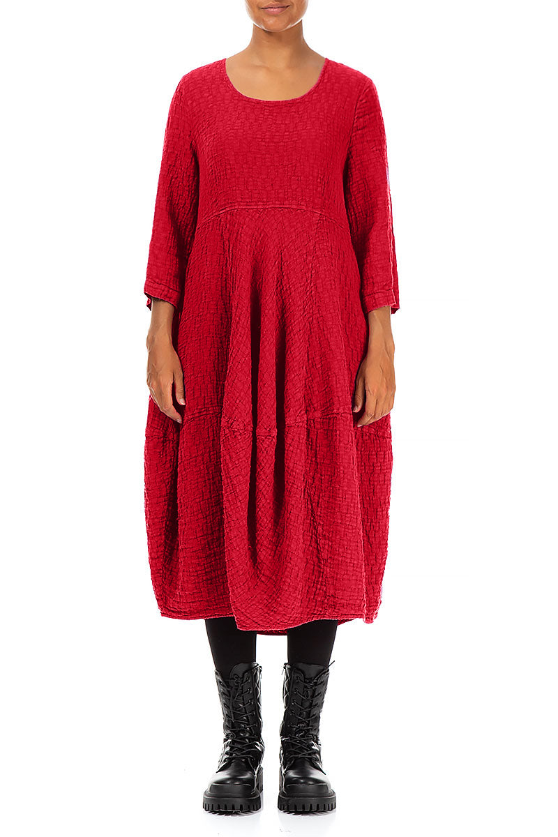 Balloon Cropped Sleeves Cherry Red Textured Linen Dress 1