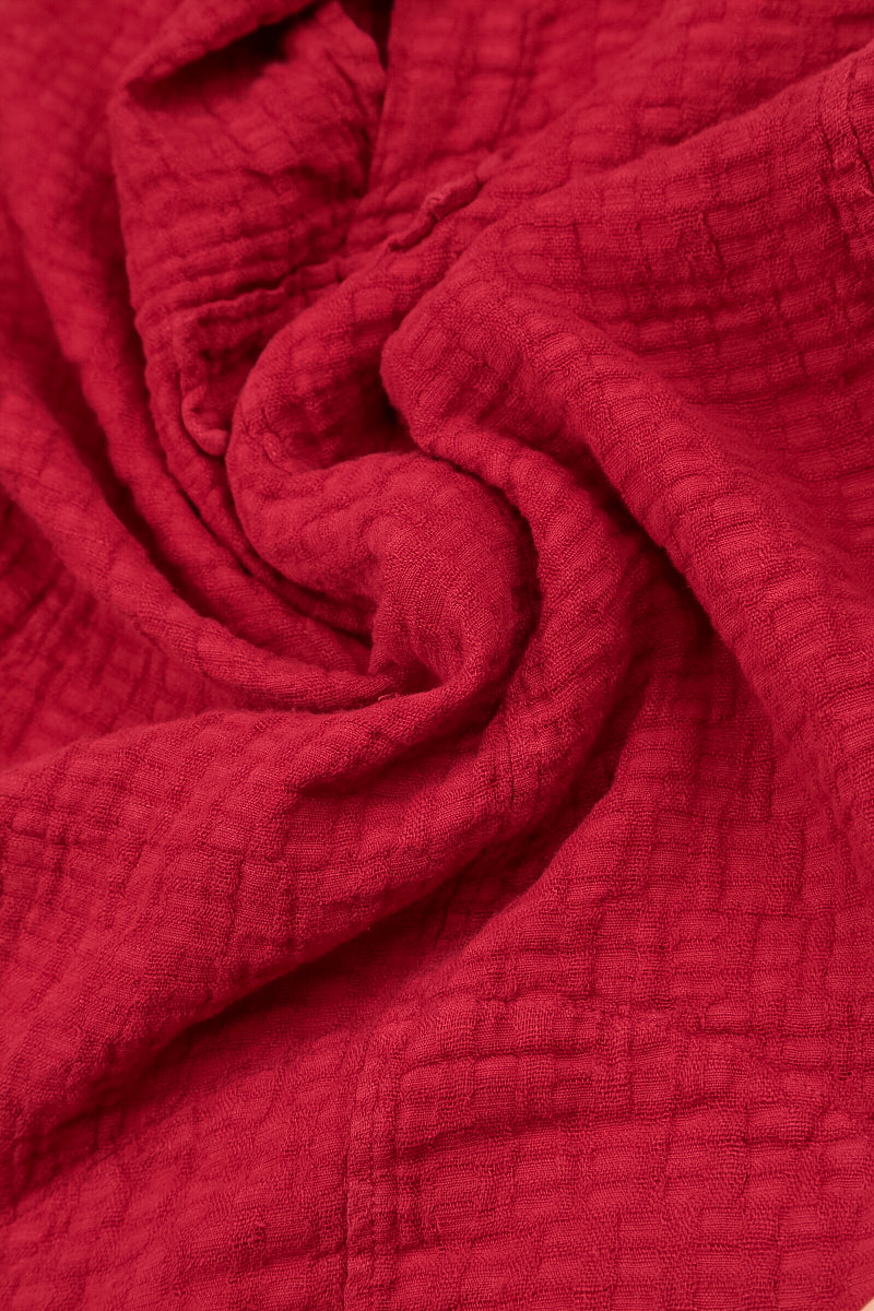 Balloon Cropped Sleeves Cherry Red Textured Linen Dress 5