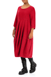 Balloon Cropped Sleeves Cherry Red Textured Linen Dress 3