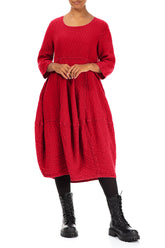 Balloon Cropped Sleeves Cherry Red Textured Linen Dress 4