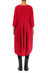 Balloon Cropped Sleeves Cherry Red Textured Linen Dress 2
