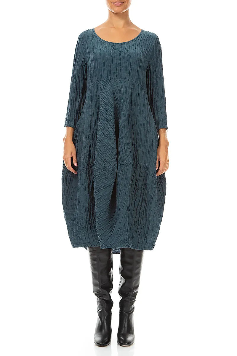 Balloon Cropped Sleeves Crinkled Deep Turquoise Silk Linen Dress 1