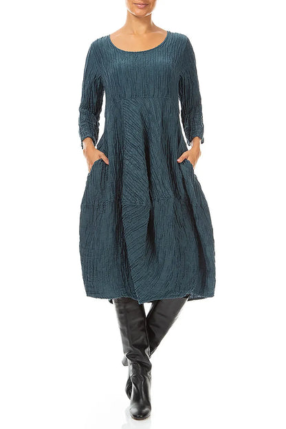 Balloon Cropped Sleeves Crinkled Deep Turquoise Silk Linen Dress 4