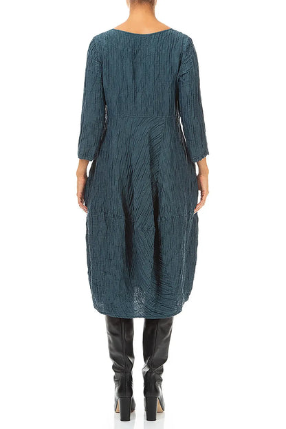 Balloon Cropped Sleeves Crinkled Deep Turquoise Silk Linen Dress 2