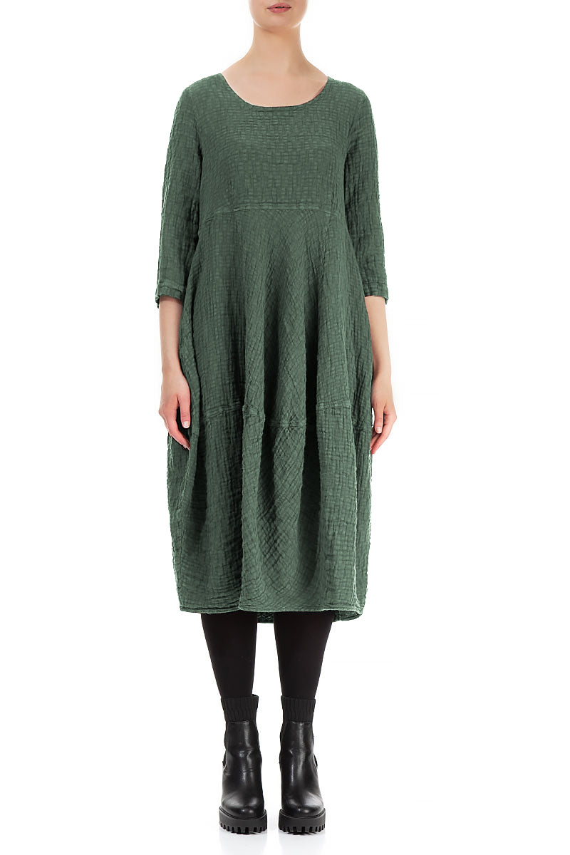 Balloon Cropped Sleeves Dark Sage Textured Linen Dress