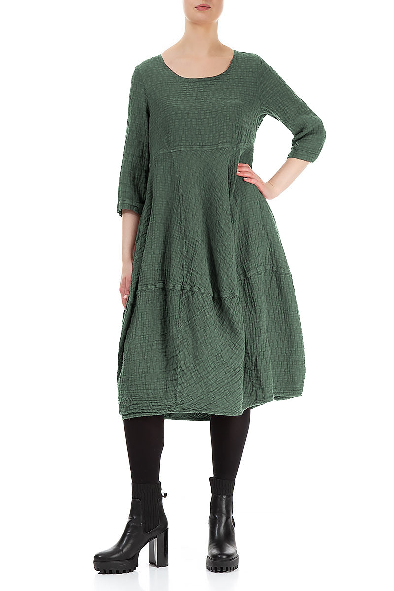 Balloon Cropped Sleeves Dark Sage Textured Linen Dress