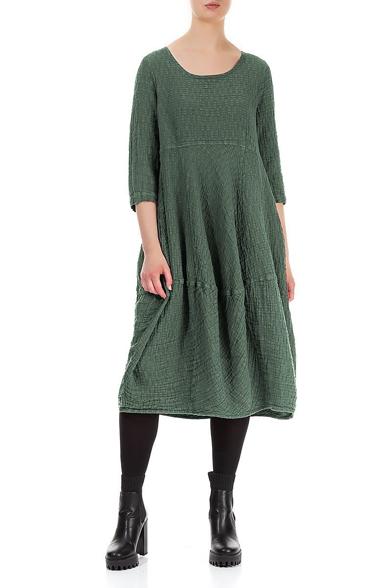 Balloon Cropped Sleeves Dark Sage Textured Linen Dress