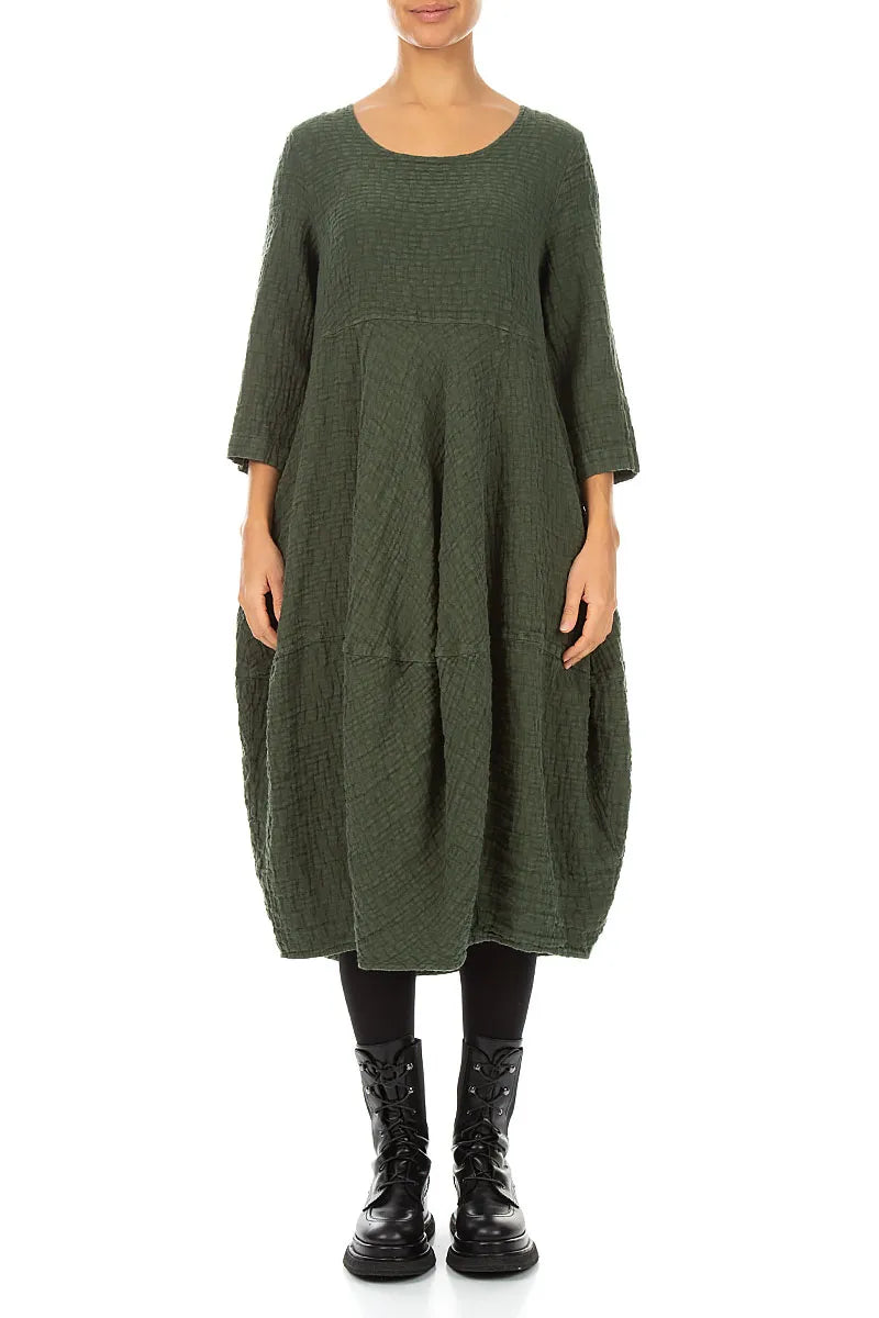 Balloon Cropped Sleeves Forest Mist Textured Linen Dress