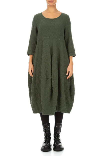 Balloon Cropped Sleeves Forest Mist Textured Linen Dress