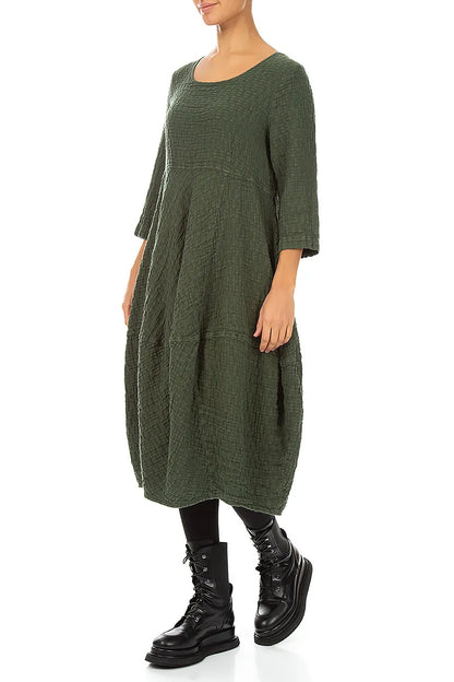 Balloon Cropped Sleeves Forest Mist Textured Linen Dress