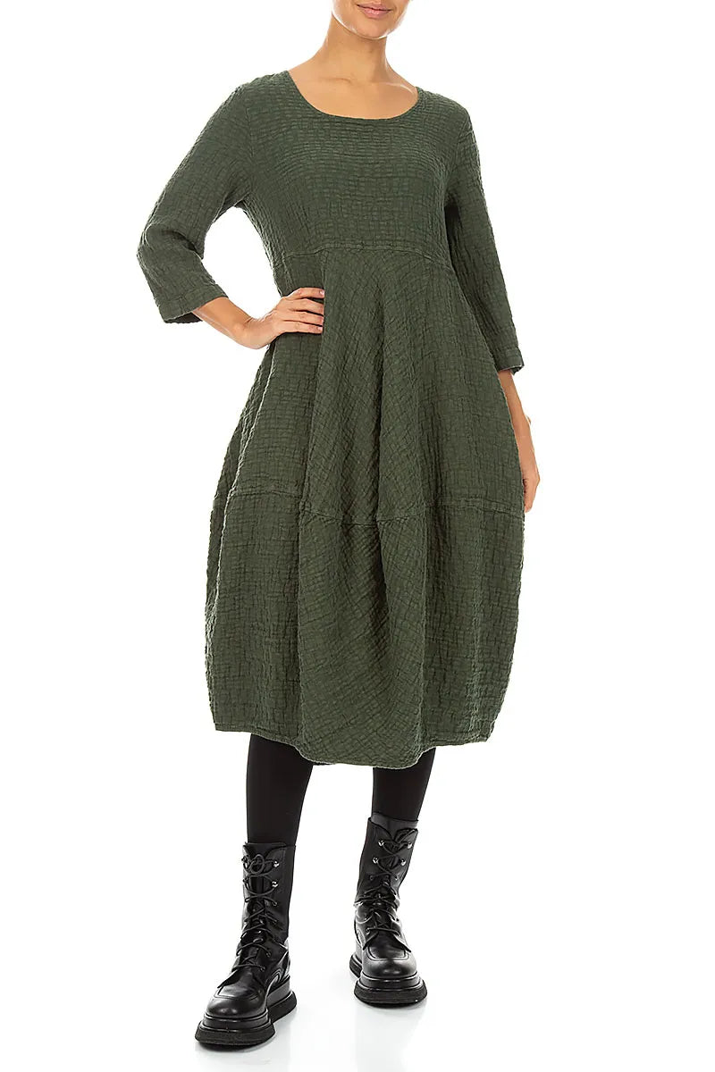 Balloon Cropped Sleeves Forest Mist Textured Linen Dress