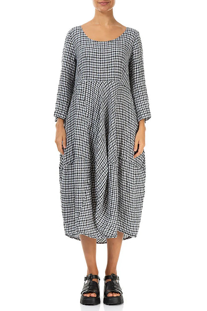 Balloon Cropped Sleeves Heritage Check Linen Dress 1