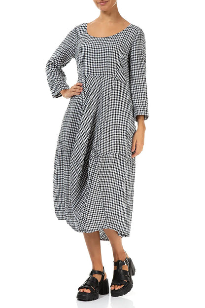 Balloon Cropped Sleeves Heritage Check Linen Dress 4
