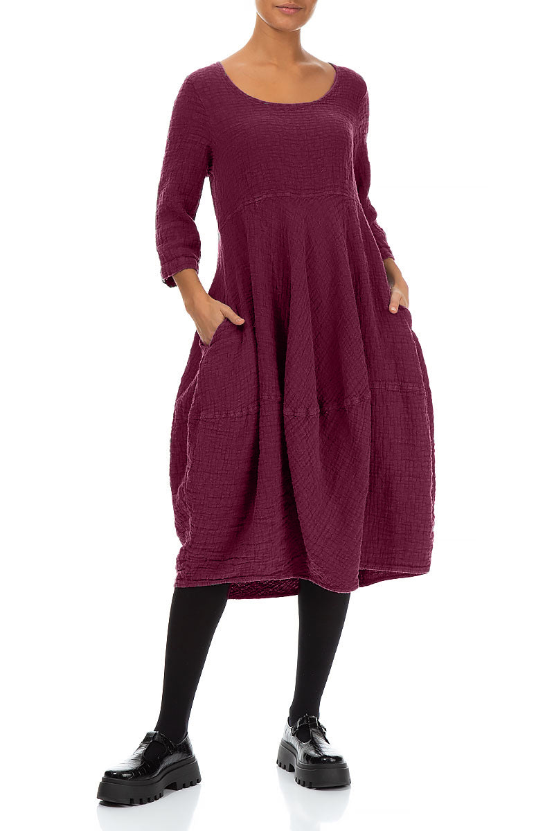 Balloon Cropped Sleeves Magenta Textured Linen Dress