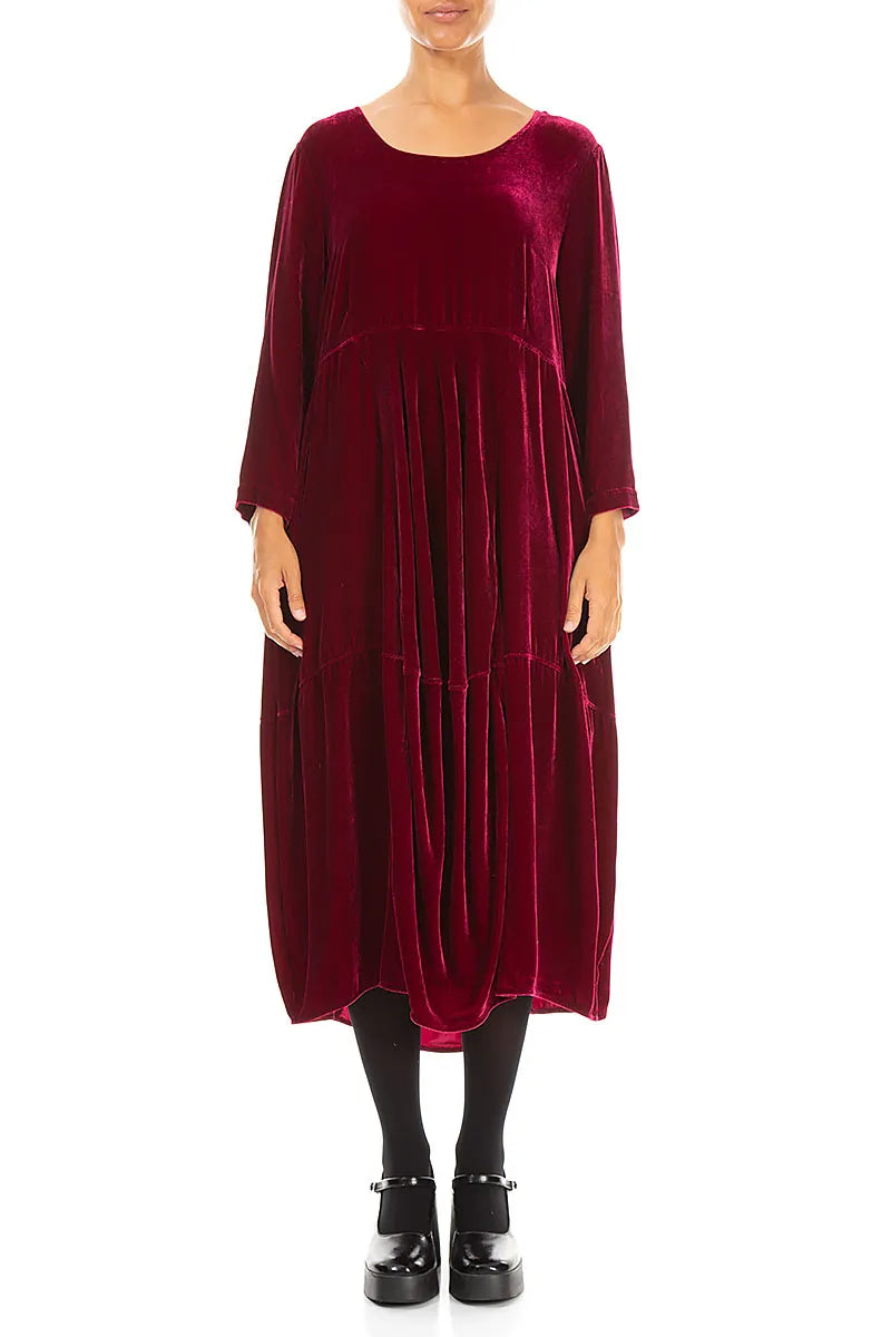 Balloon Cropped Sleeves Ruby Silk Velvet Dress 1