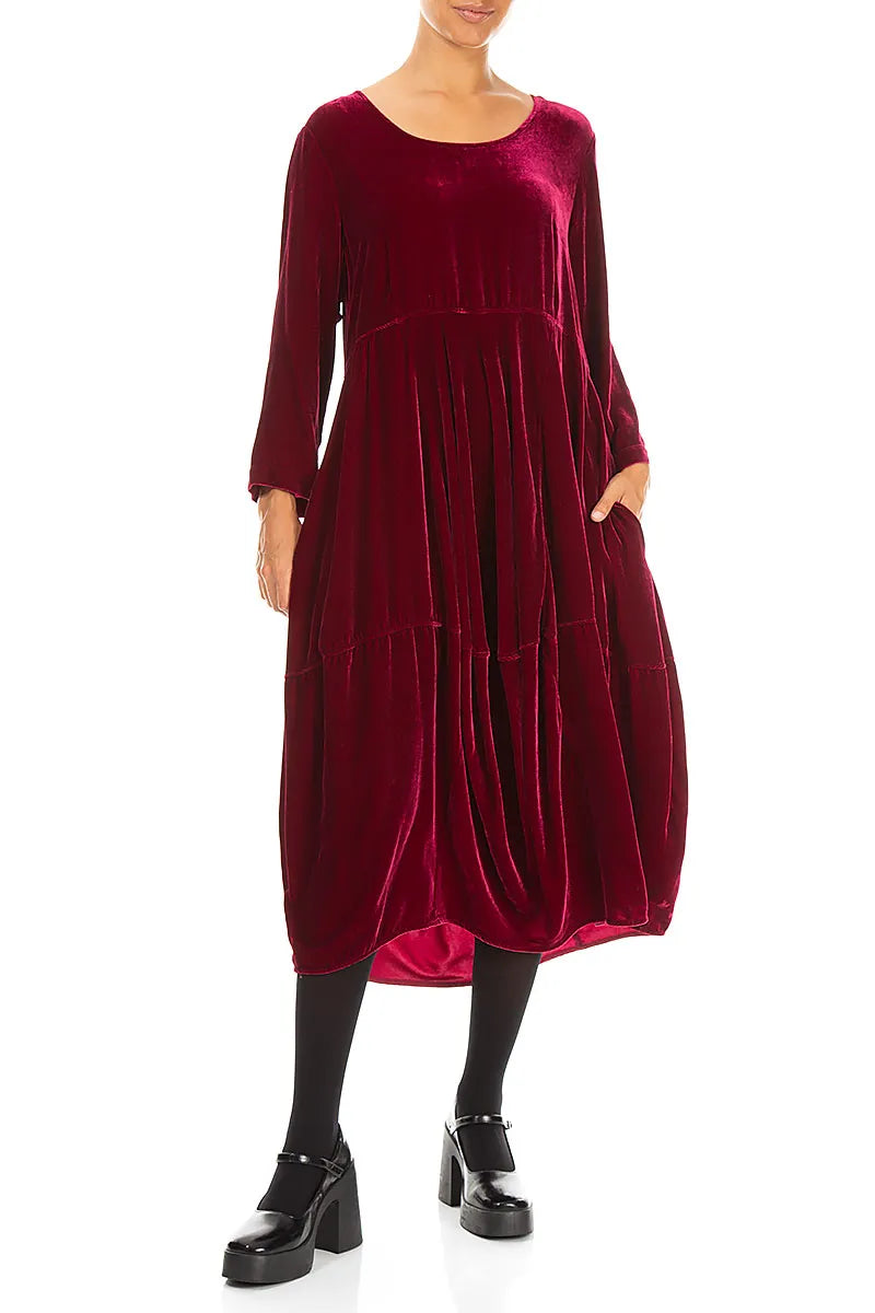 Balloon Cropped Sleeves Ruby Silk Velvet Dress 4