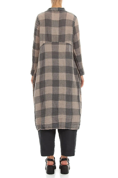 Balloon Large Check Beige Gauze Linen Jacket Dress 2