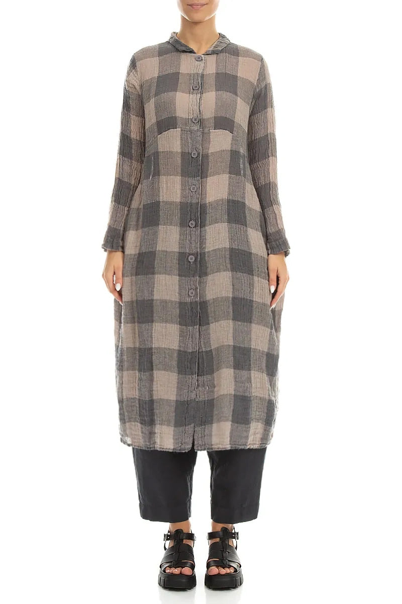 Balloon Large Check Beige Gauze Linen Jacket Dress 1