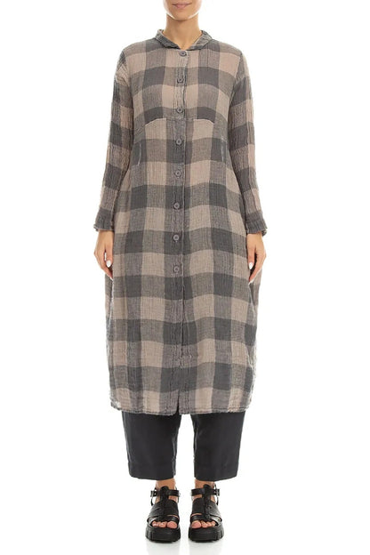 Balloon Large Check Beige Gauze Linen Jacket Dress 1