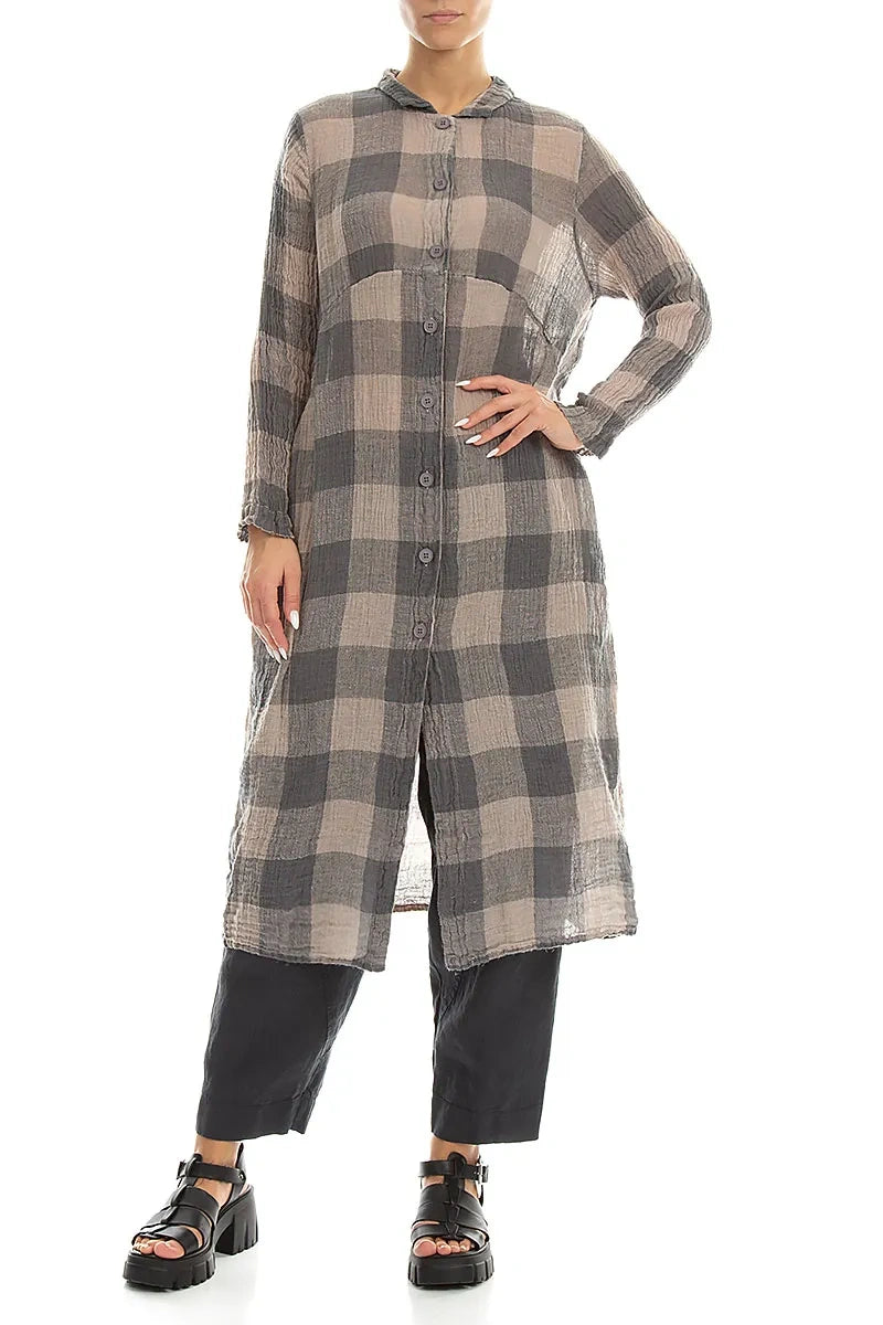 Balloon Large Check Beige Gauze Linen Jacket Dress 4