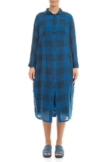 Robe-veste en gaze de lin bleu cobalt à grands carreaux