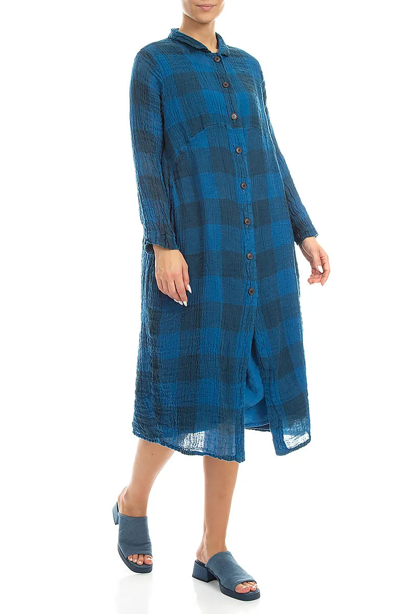 Robe-veste en gaze de lin bleu cobalt à grands carreaux