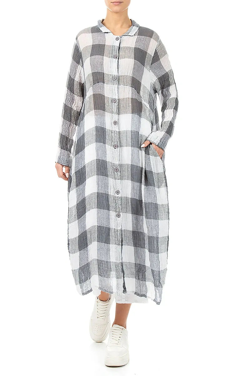 Robe-veste en gaze de lin blanc à grands carreaux