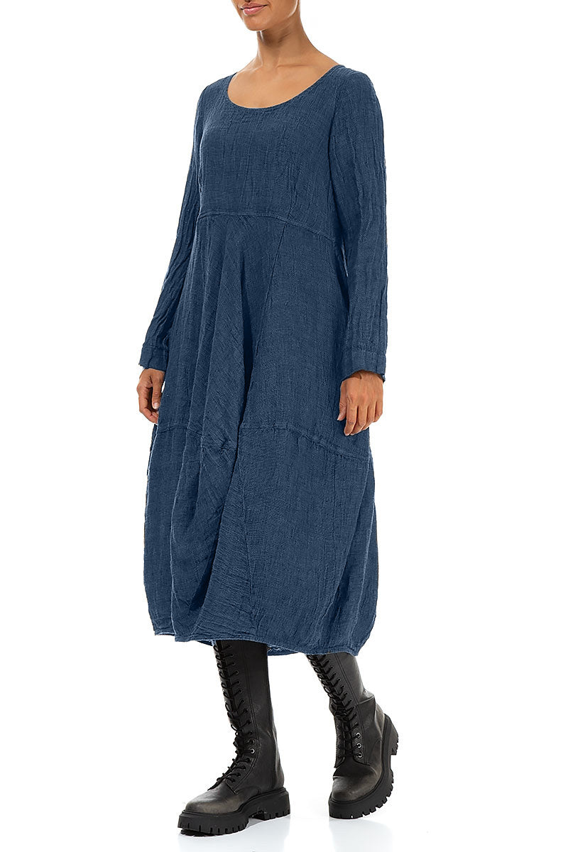 Balloon Long Sleeves Azure Mélange Linen Dress