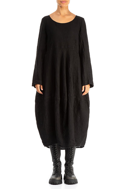 Balloon Long Sleeves Black Mélange Linen Dress